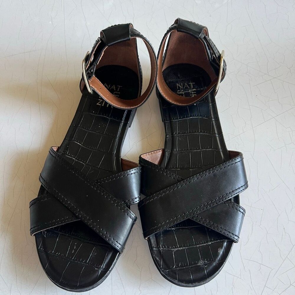 Naturalizer Sausalito flat sandals in black croc-embossed leather crisscross str